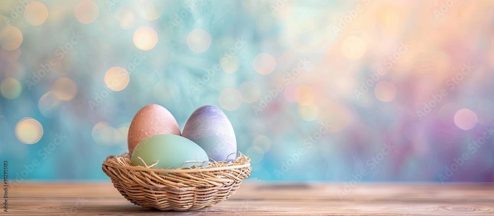Aufkleber pastel colored easter eggs displayed in a woven basket against a colorful backdrop with copy space i