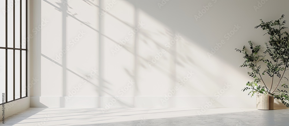 Poster White wall background featuring a subtle light beige backdrop for product displays with delicate shadows cast by sunlight through a window ideal for copy space images