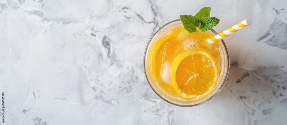 Poster overhead view of a summer cocktail with a kraft paper straw on a light background perfect for adding