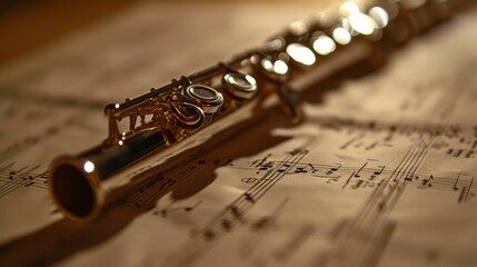 Obraz premium A silver flute placed on a sheet of music