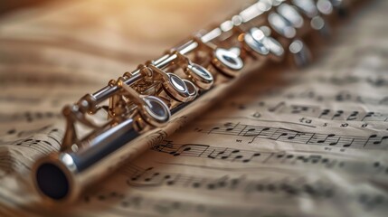 A silver flute placed on a sheet of music