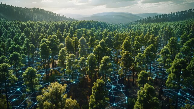 Smart forestry analytics, holographic data overlay, futuristic forest management, digital sensors
