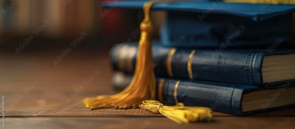 Wall mural graduation cap with gold tassel next to books illustrating education concept with a law theme and sp