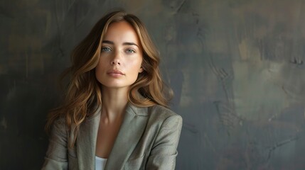 Fototapeta premium Confident Woman in a Blazer: A captivating portrait of a confident young woman in a blazer against a textured backdrop. 