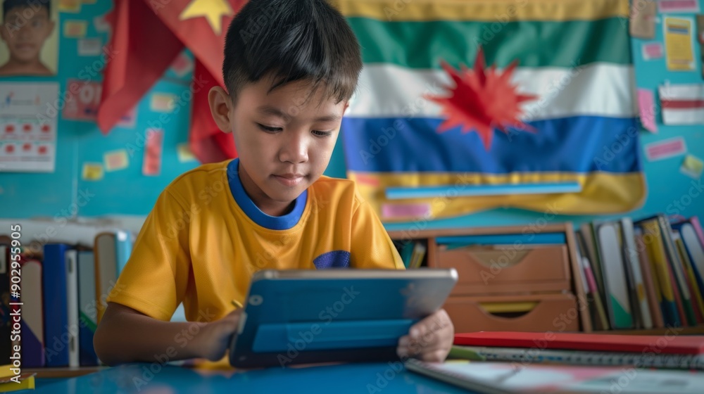 Aufkleber a boy in a yellow shirt focuses intently on a tablet while seated at a colorful desk in a lively cla