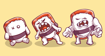Collection illlustration of an angry but very cute sushi carrying meat behind it 