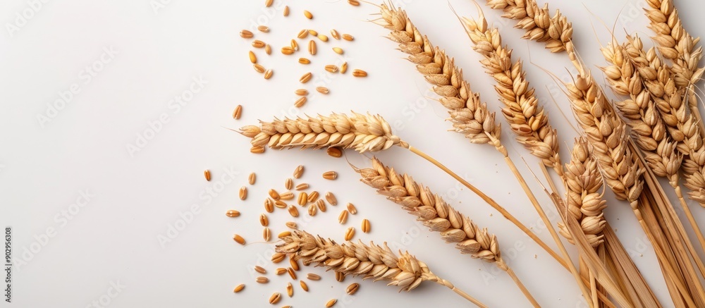 Poster Wheat ears and grains arranged elegantly on a white table with empty space for copying an image