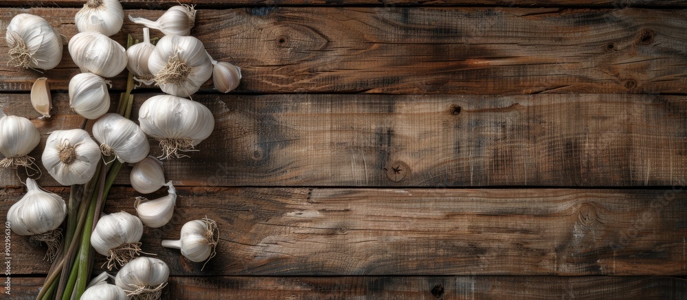 Leinwandbilder top view of garlic displayed on a rustic wooden background with ample copy space image