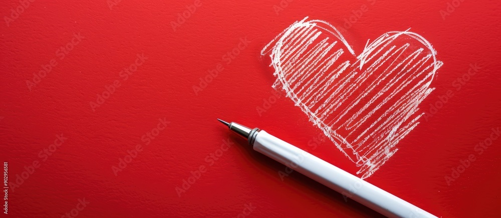 Poster Heart shape drawn on a blank white paper set against a vibrant red backdrop creating an ideal copy space image