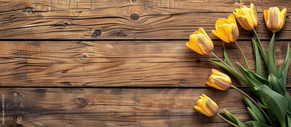 Poster a wooden backdrop with yellow tulips perfect for a copy space image ideal for a springtime greeting 