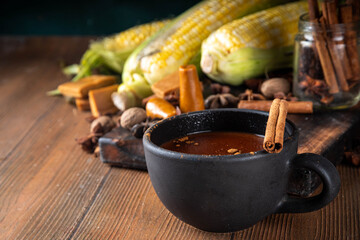 Mexican Champurrado, atole de cacao. Corn Chocolate hot spicy drink with cinnamon. Traditional Festive latin american Beverage, Dia de muertos, Cinco de Mayo, Christmas holiday food