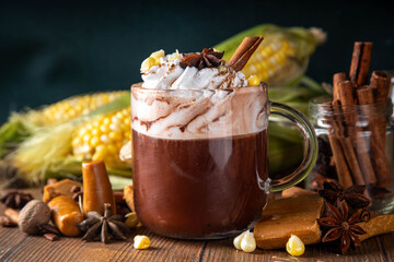 Mexican Champurrado, atole de cacao. Corn Chocolate hot spicy drink with cinnamon. Traditional Festive latin american Beverage, Dia de muertos, Cinco de Mayo, Christmas holiday food