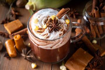 Mexican Champurrado, atole de cacao. Corn Chocolate hot spicy drink with cinnamon. Traditional Festive latin american Beverage, Dia de muertos, Cinco de Mayo, Christmas holiday food