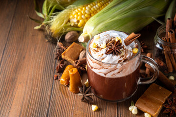 Mexican Champurrado, atole de cacao. Corn Chocolate hot spicy drink with cinnamon. Traditional...
