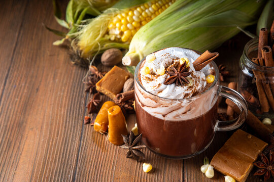 Mexican Champurrado, atole de cacao. Corn Chocolate hot spicy drink with cinnamon. Traditional Festive latin american Beverage, Dia de muertos, Cinco de Mayo, Christmas holiday food