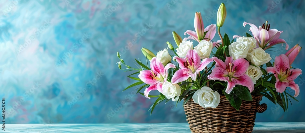 Poster a stunning arrangement of pink lilies and white roses displayed in a rustic wicker basket set agains