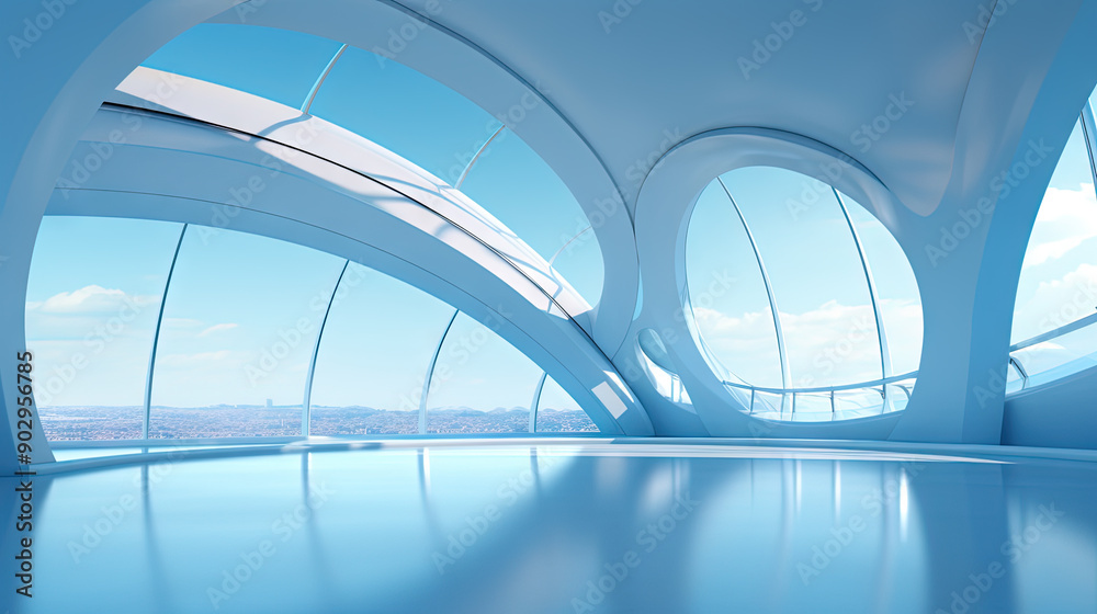 Poster Abstract architecture scene with smooth curves. Abstract background with futuristic building in white and blue colors.