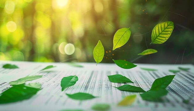 Green Leaves Falling on Paper