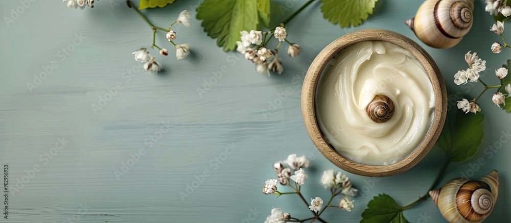 Poster natural cosmetics concept featuring cream infused with snail mucus shown in the copy space image