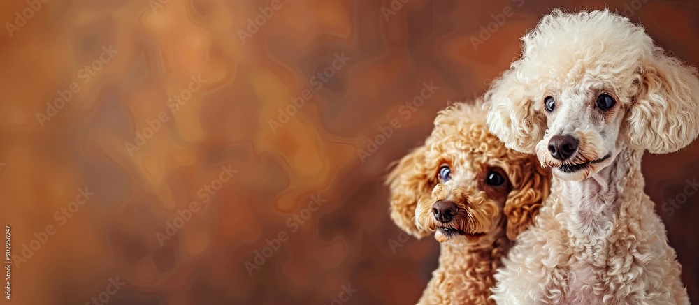 Poster Two delightful poodles stand side by side in front of a brown background with copy space image