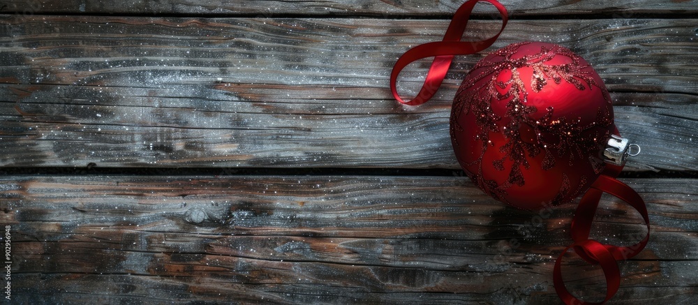 Aufkleber a festive red ornament with ribbons on a rustic wooden backdrop ideal for a new year s card showcase