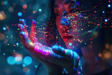 A close up of a woman s face illuminated by colorful lights, with vibrant dots reflecting off her hand in a dreamy, ethereal setting