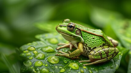 Obraz premium Vibrant green frog sitting on a leaf in a lush garden
