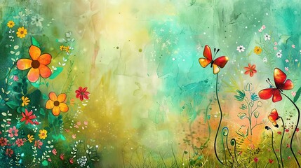 Whimsical Watercolor Garden with Orange Butterflies and Flowers