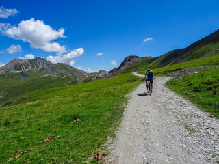 Fototapeta premium Rear view of sports man on scenic mtb trail near rifugio della Gardetta on the Italy French border in Maira valley in the Cottian Alps, Piedmont, Italy, Europe. Biking on sunny summer day in mountains