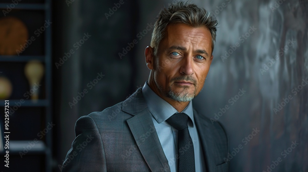 Poster Confident Businessman: A portrait of a successful businessman, radiating confidence and authority. He stands tall, dressed in a sharp suit and tie, with a determined look in his eyes. 