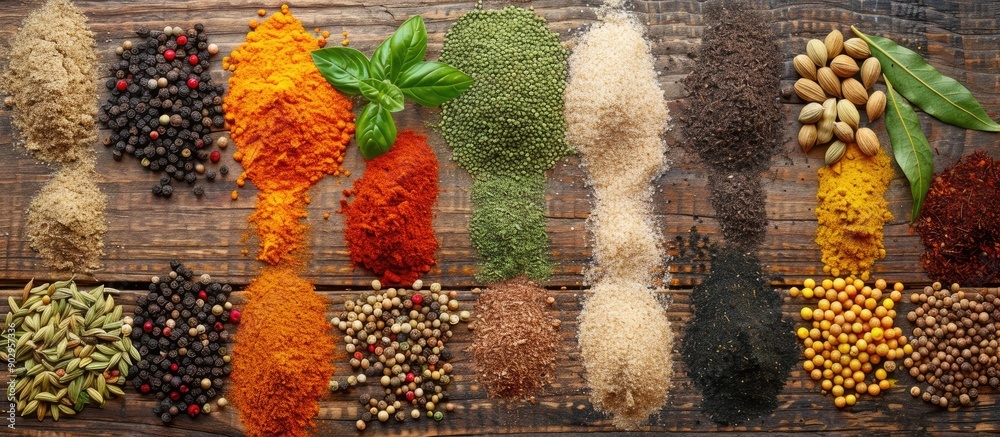 Aufkleber indian spices arranged attractively on a wooden surface with copy space image