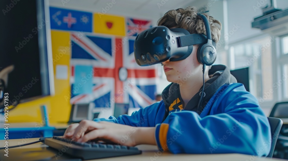 Poster A young student engages with a virtual reality headset while working on a computer in a classroom filled with educational posters.