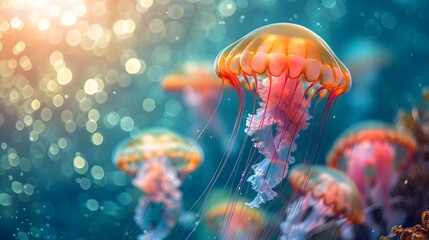 Naklejka premium Colorful Jellyfish Drifting Through Illuminated Underwater Seascape