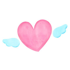 Watercolor Pink Heart with wings, cute, love, valentine