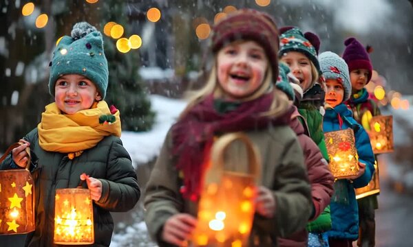 Group of children in warm winter clothing participates in St. Martin's Day procession holding glowing lanterns and singing.