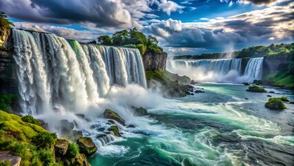Find a waterfall and photograph it from various angles, emphasizing the power and beauty of the falling water