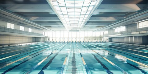 Bright and Fresh Indoor Olympic Swimming Pool Stadium: Conceptual Sports Arena Design for Web Backgrounds and Wallpapers. High-Resolution 4K Rendering of a Modern Aquatic Facility with Clean Lines and