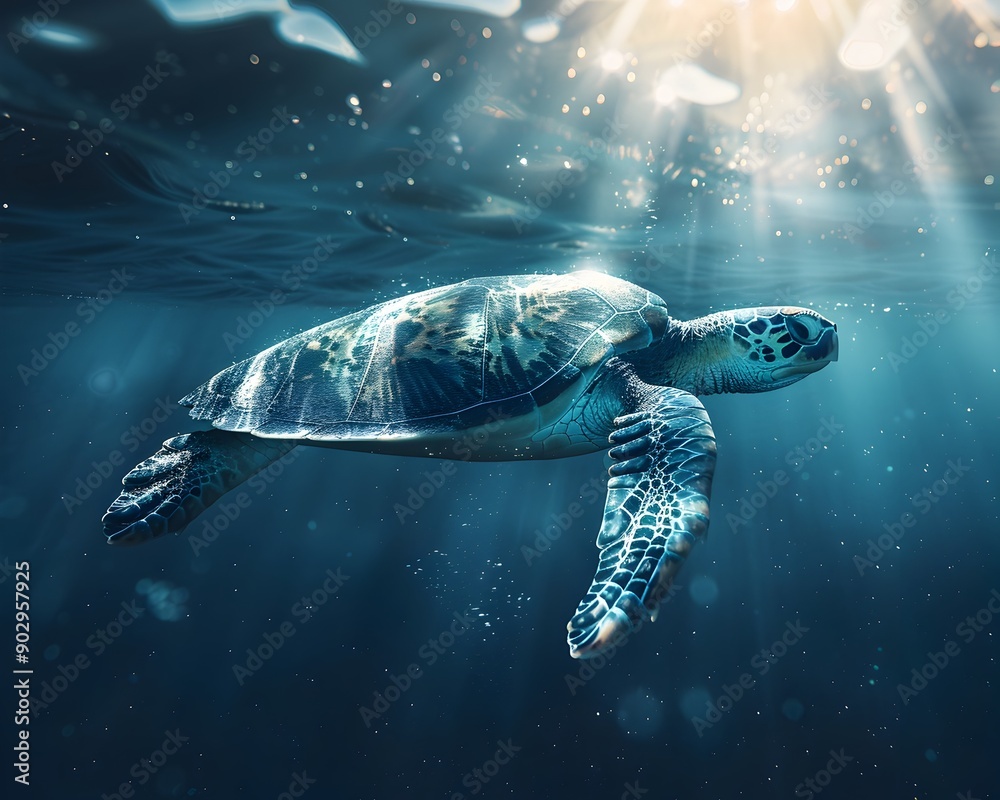 Poster Graceful Sea Turtle Swimming Amidst Sunlit Oceanic Depths Marine Life Concept