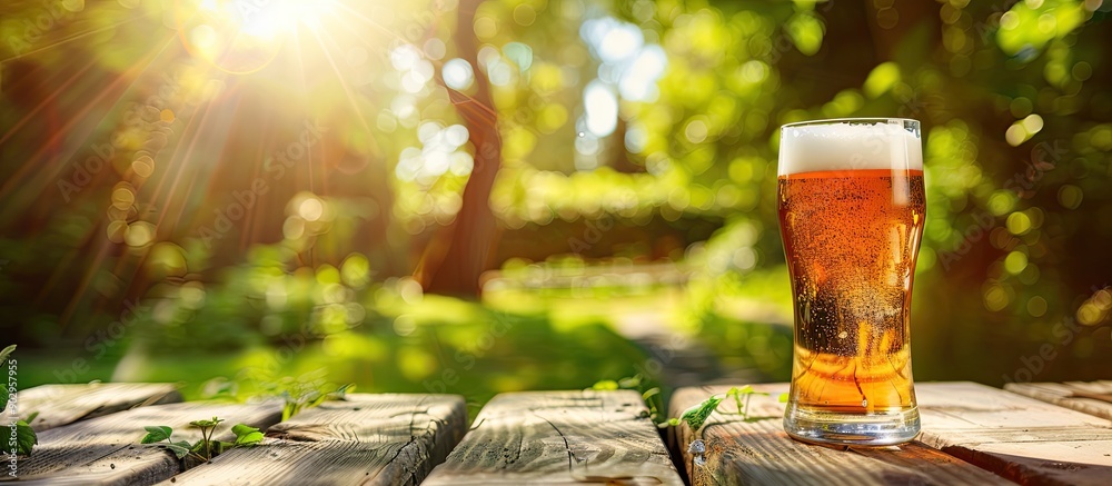 Poster Focused on a beer placed on a wooden table in a garden setting with a blurred background ideal for a copy space image