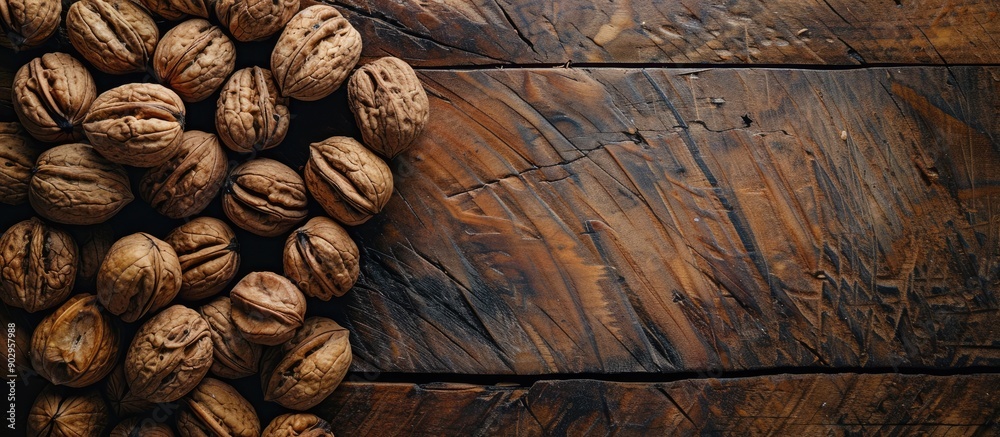 Fototapete Top view of walnuts arranged on a rustic wooden table creating a visually appealing copy space image