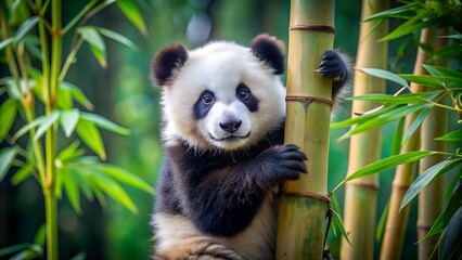 Fototapeta premium Playful Panda Climb: A Tiny Panda Scaling a Majestic Bamboo Tree generative AI