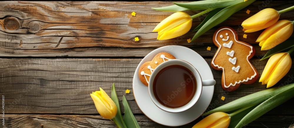Poster top view photo of easter themed gingerbread cookies a teacup on a wooden table and yellow tulips per