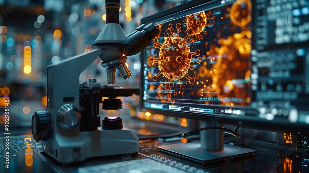 Poster a microscope and a computer monitor display a digital model of a virus. the microscope is in the for