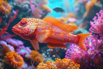 A vibrant orange fish swimming gracefully among colorful coral in a stunning underwater scene.