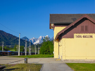 Train station of Thoerl Maglern in Kaernten (Carinthia), Austria. Scenic view of snow capped...