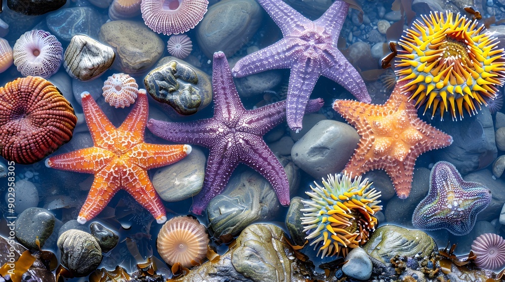 Poster Vibrant Tide Pool Microcosm Filled with Diverse Marine Life and Underwater Textures