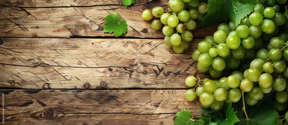 Poster Fresh green grapes with a bunch and vine leaf displayed on a wooden background in a top view flat lay style with copy space image