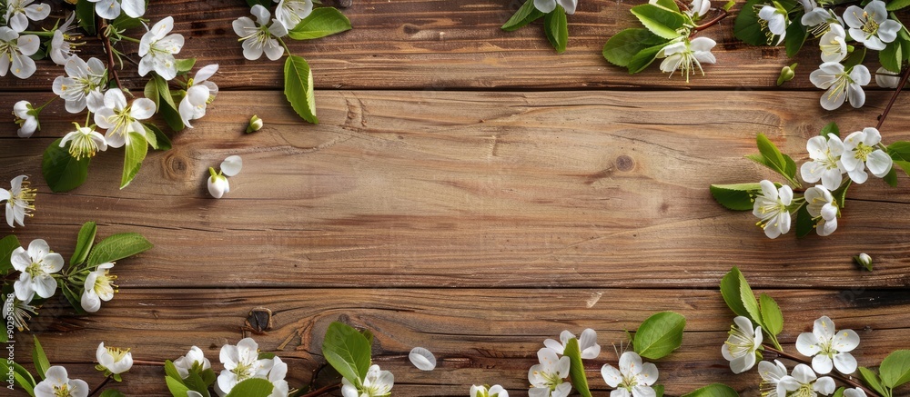 Poster wooden table with blooming spring branches and leaves arranged in a flat lay composition offering am