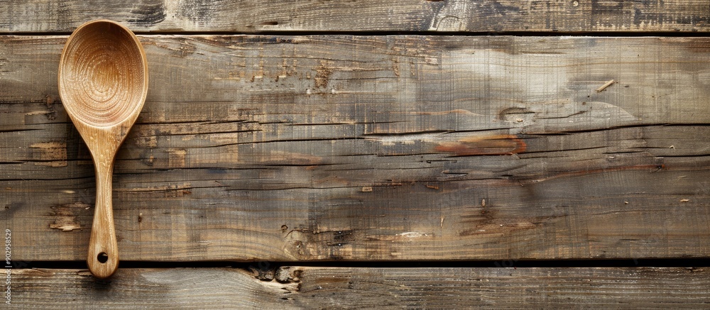 Poster a large wooden spoon displayed against a wooden backdrop with copy space image