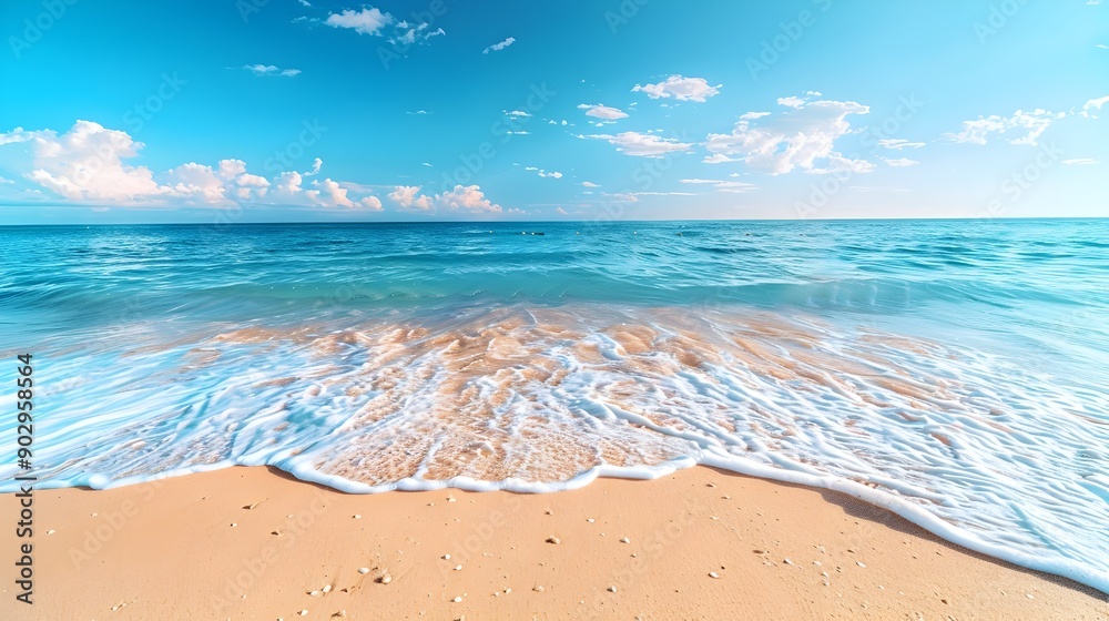 Poster Serene Tropical Beach with Crystal Clear Ocean and Distant Horizon